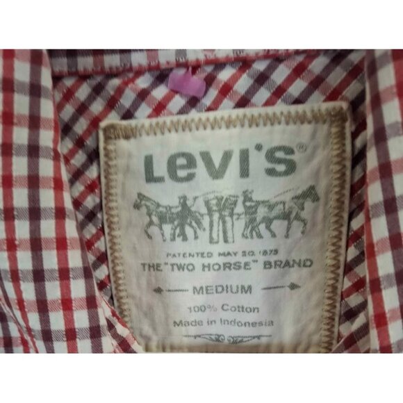 Levis Mens Red & White Checkered Short-Sleeve Western Shirt Medium Cotton - Picture 2 of 6